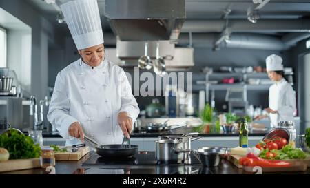 Cucina del ristorante: Chef donna nera che cucina piatti deliziosi e tradizionali, utilizza olio in padella preparandosi a friggere biologiche con carne a scelta libera. Preparazione di piatti gourmet. Grandangolo Foto Stock