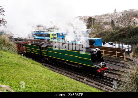 Swanage Railway Strictly Bulleid evento speciale, gala a vapore, tre giorni di un intenso servizio ferroviario lavorato da locomotive progettate da Oiver Bulleid Foto Stock