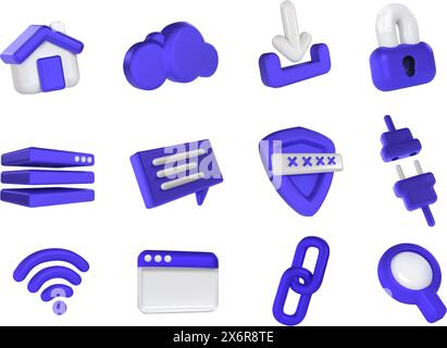 Icone Internet 3D. Browser Web e sicurezza di rete, server cloud, connessione wireless e set di illustrazioni dei vettori di comunicazione online Illustrazione Vettoriale