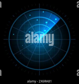 Schermo radar digitale. Interfaccia futuristica del sonar, monitor di controllo della navigazione, rilevatore di bersagli militari ad alta tecnologia o display dello scanner radar del traffico aereo Illustrazione Vettoriale