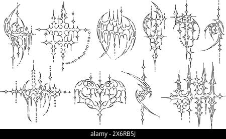 Forme in stile neo tribale tatuaggio. Picchi e scintille di Cyber-sigilism per stampe streetwear, set vettoriale estetico y2k Illustrazione Vettoriale