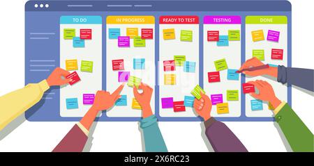 Tabellone Kanban con le mani di squadra. Processo di sviluppo software agile, illustrazione vettoriale del sistema di gestione dei progetti Illustrazione Vettoriale