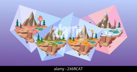 Basso paesaggio poly quattro stagioni. Le isole galleggianti astratte rappresentano l'illustrazione vettoriale degli ambienti primaverili, estivi, autunnali e invernali Illustrazione Vettoriale