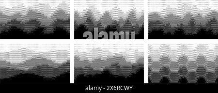 Sfondi stratagici con dithering bitmap astratto. Foreste, onde, favi di miele e paesaggi di montagna con pixel di retinatura e effetto di profondità della prospettiva dell'aria Illustrazione Vettoriale