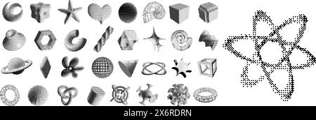 Retinatura di forme 3D pixel art. Forme e figure geometriche e organiche con texture tratteggiata con ombreggiatura pixellata. Gruppo vettoriale elementi astratti Illustrazione Vettoriale