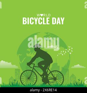 Giornata mondiale della bicicletta: Design creativo esclusivo, ecologico, ecologico e ecologico. Rispetta l'ambiente e salva l'ambiente. Pedalata verde Illustrazione Vettoriale
