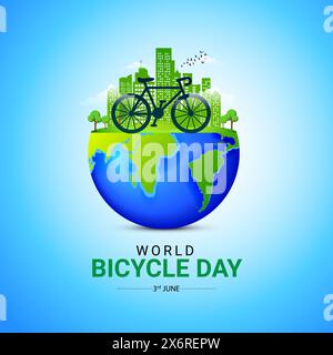 Giornata mondiale della bicicletta: Design creativo esclusivo, ecologico, ecologico e ecologico. Rispetta l'ambiente e salva l'ambiente. Pedalata verde Illustrazione Vettoriale