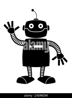robot, cartoni animati vettoriali in bianco e nero raffiguranti robot umanoidi con mano ondulata, isolati su bianco Illustrazione Vettoriale