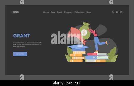 Concetto di sovvenzione. Aspirante studentessa raggiunge una sovvenzione finanziaria, simboleggiando il sostegno educativo e il progresso accademico. Aiuto per pagare le tasse scolastiche, aiuto finanziario. Illustrazione vettoriale piatta Illustrazione Vettoriale