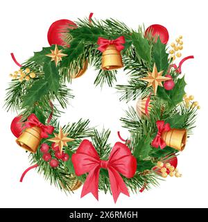 Foglie di agrifoglio, pino, poinsettia, ghirlanda di Natale con fiocco rosso, campane, nastri e palle di Natale, illustrazione ad acquerello. Per il design, per l'avidità Foto Stock