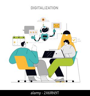 I professionisti del concetto di digitalizzazione sfruttano la tecnologia e la robotica per l'efficienza, mostrando l'integrazione dell'intelligenza artificiale nelle moderne soluzioni aziendali illustrazione vettoriale Illustrazione Vettoriale