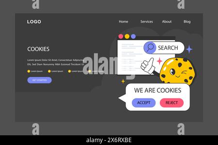 Banner Web o landing page con tecnologia cookie in modalità buia o notturna. Monitoraggio della sessione del browser Web. Accesso al computer dell'utente e alle informazioni riservate. Identificazione del dispositivo. Illustrazione vettoriale piatta Illustrazione Vettoriale