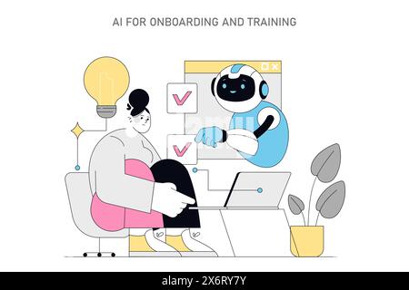 Concetto di risorse umane AI. Un'illustrazione dell'intelligenza artificiale che assiste nell'assunzione e nella formazione dei dipendenti con un robot che guida una persona. Illustrazione vettoriale. Illustrazione Vettoriale