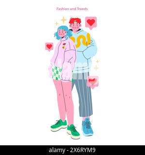 Set tendenze moda per adolescenti. Modello giovane con un abbigliamento alla moda, che esprime identità e stile con fiducia. Moda all'avanguardia, cultura giovanile contemporanea, connessione affettuosa. Illustrazione vettoriale. Illustrazione Vettoriale