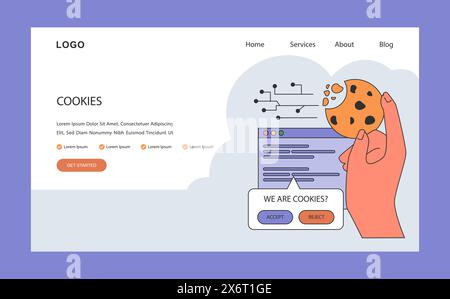 Banner Web o landing page sulla tecnologia dei cookie. Monitoraggio della sessione del browser Web. Accesso al computer utente. Miglioramento dell'identificazione del dispositivo e dell'esperienza di navigazione sul Web. Illustrazione vettoriale piatta Illustrazione Vettoriale