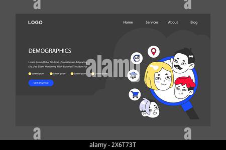 Concetto di targeting demografico. Analisi dettagliata di età, posizione e interessi per la segmentazione del pubblico. Attenzione al marketing con un tocco umano. Illustrazione vettoriale piatta. Illustrazione Vettoriale