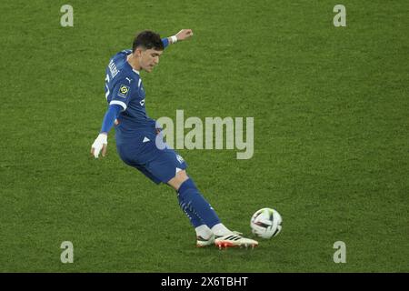 Leonardo Balerdi di Marsiglia durante la partita di campionato francese di Ligue 1 tra lo Stade de Reims e l'Olympique de Marseille il 15 maggio 2024 allo stadio Auguste Delaune di Reims, in Francia Foto Stock