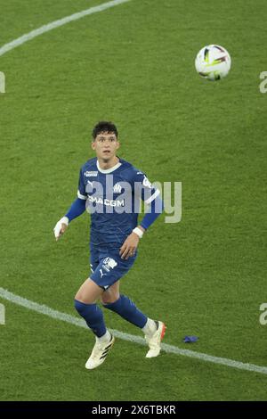 Leonardo Balerdi di Marsiglia durante la partita di campionato francese di Ligue 1 tra lo Stade de Reims e l'Olympique de Marseille il 15 maggio 2024 allo stadio Auguste Delaune di Reims, in Francia Foto Stock