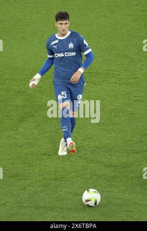 Leonardo Balerdi di Marsiglia durante la partita di campionato francese di Ligue 1 tra lo Stade de Reims e l'Olympique de Marseille il 15 maggio 2024 allo stadio Auguste Delaune di Reims, in Francia Foto Stock