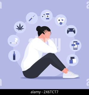 Tipi di dipendenza infografica con icone e donna depressa: Concetto di disturbi mentali Illustrazione Vettoriale