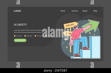 Web in modalità buia o notturna, atterraggio. L'uomo più potente sale, scegliendo con fiducia una direzione tra le diverse opzioni. Scelta e determinazione del percorso. Illustrazione vettoriale piatta. Illustrazione Vettoriale