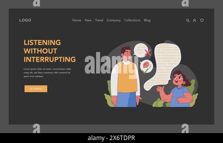 Ascolto senza interrompere la modalità buio o notturna del Web, atterraggio. Padre che ascolta la figlia. Udito attivo e paziente, percezione di pensieri e idee. Illustrazione vettoriale piatta Illustrazione Vettoriale
