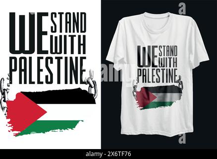 Un disegno di t-shirt bianca con la bandiera palestinese e We Stand with Palestine scritto in lettere nere. Illustrazione Vettoriale