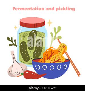 Concetto di fermentazione. I sottaceti in un barattolo e i kimchi in una ciotola illustrano i metodi di decapaggio casalinghi con aglio e peperoncino. Illustrazione vettoriale. Illustrazione Vettoriale