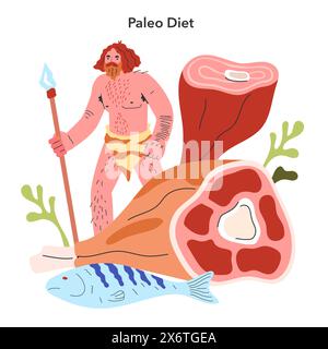 Concetto di dieta Paleo. Caveman con lancia accanto a illustrazioni di bistecche e pesce per ritrarre la nutrizione ancestrale. Antiche abitudini alimentari modernizzate. Illustrazione vettoriale. Illustrazione Vettoriale