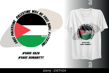 Un disegno di una t-shirt bianca con la bandiera della Palestina e la parola di protesta su di essa Illustrazione Vettoriale