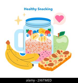 Concetto di snack salutari. Una selezione di spuntini nutrienti tra cui un parfait di frutta, banane, mele e mandorle. Scelte nutrizionali per il benessere. Illustrazione vettoriale. Illustrazione Vettoriale