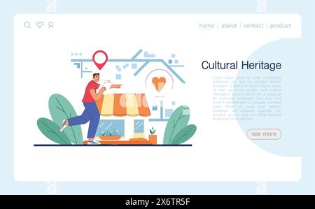 Banner web turistico o landing page. Persone che viaggiano in tutto il mondo per vedere attrazioni e patrimonio culturale. Il viaggiatore che prenota un hotel e fa il pieno di bagagli. Stile di vita attivo. Illustrazione vettoriale piatta Illustrazione Vettoriale