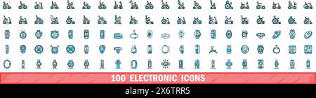 set di 100 icone elettroniche. Set di linee colorate di icone vettoriali elettroniche linee sottili colore piatto su bianco Illustrazione Vettoriale