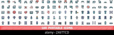 set di 100 icone portatili. Set di linee colorate di icone vettoriali portatili linee sottili colore piatto su bianco Illustrazione Vettoriale