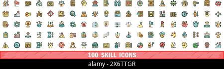 set di 100 icone di specialità. Linea di colore: Icone vettoriali di abilità linee sottili colore piatto su bianco Illustrazione Vettoriale