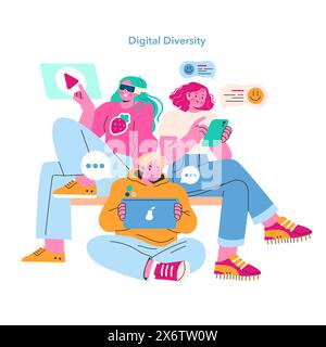 Concetto di creazione di contenuti. Gruppo diversificato impegnato in attività di media digitali che illustrano la connettività moderna. Interazione sociale nell'era digitale. Illustrazione vettoriale. Illustrazione Vettoriale