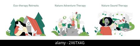 Set per eco-terapia. Illustrazione di persone che si impegnano con la natura per il benessere: Campeggio, escursionismo e terapia del suono. Illustrazione vettoriale. Illustrazione Vettoriale
