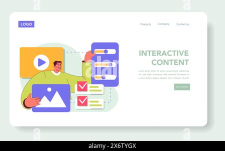 Concetto di marketing immersivo. Un utente che utilizza contenuti multimediali su un'interfaccia di un sito Web per un'esperienza online coinvolgente. Illustrazione vettoriale. Illustrazione Vettoriale