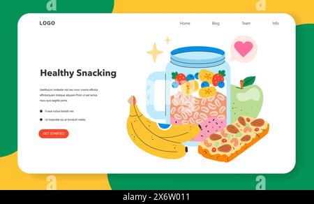 Concetto di snack salutari. Una pagina Web con un mix di frutta, noci e frullato mostra scelte nutrienti. Illustrazione vettoriale. Illustrazione Vettoriale