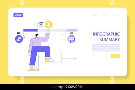 Informazioni sulla timeline dell'infografica. Uomo che sale gradini che rappresentano i traguardi di crescita professionale dal 2011 al 2021 su un layout di sito Web. Illustrazione vettoriale. Illustrazione Vettoriale