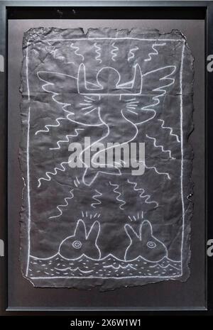 Keith Haring, senza titolo, Sirenetta alata e delfini, disegno della metropolitana, circa 1983, gesso bianco su carta nera, Moco Museum, Amsterdam, Paesi Bassi. Foto Stock