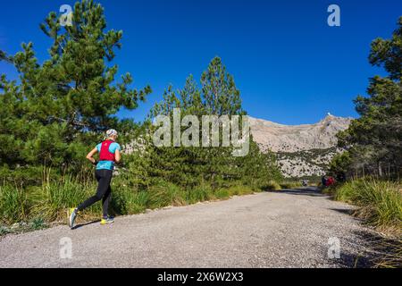 Atleta di montagna di fronte a Puig Major, bacino idrico di Cuber, area naturale della Serra de Tramuntana, Maiorca, Isole Baleari, Spagna. Foto Stock