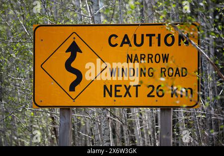 Un cartello su un'autostrada tra il lago Cowichan e Port Renfrew nella Columbia Britannica, Canada, che avverte una strada stretta e tortuosa. Foto Stock