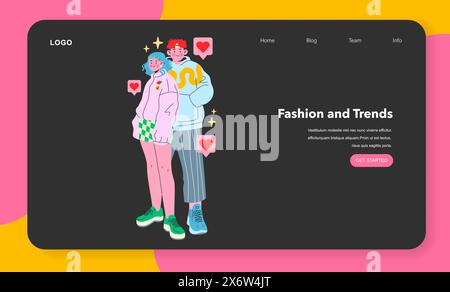 Set tendenze moda per adolescenti. Modello giovane con un abbigliamento alla moda, che esprime identità e stile con fiducia. Moda all'avanguardia, cultura giovanile contemporanea, connessione affettuosa. Illustrazione vettoriale. Illustrazione Vettoriale
