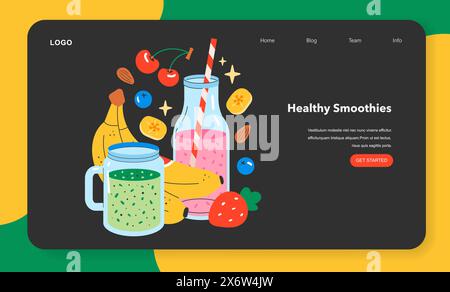 Concetto di snack salutari. Frutta e frullati colorati su una pagina Web vivace che promuove il benessere. Nutrimento, freschezza e vitalità attraverso la dieta. Illustrazione vettoriale. Illustrazione Vettoriale