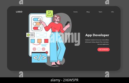 Uno sviluppatore di app utilizza la tecnologia per creare applicazioni mobili coinvolgenti, mostrando lo spirito innovativo dello sviluppo software nell'era digitale. Illustrazione Vettoriale