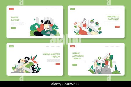 Set per eco-terapia. Illustrazione di persone che si impegnano con la natura per il benessere: Campeggio, escursionismo e terapia del suono. Illustrazione vettoriale. Illustrazione Vettoriale