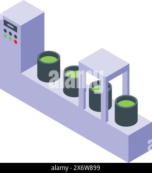 Illustrazione isometrica vettoriale di un nastro trasportatore con fusti verdi in un ambiente di produzione Illustrazione Vettoriale