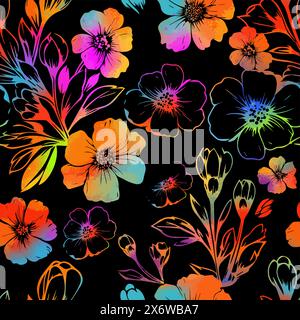 Sfondo senza cuciture di fiori colorati su sfondo nero. disegno manuale. Non ai, illustrazione vettoriale Illustrazione Vettoriale