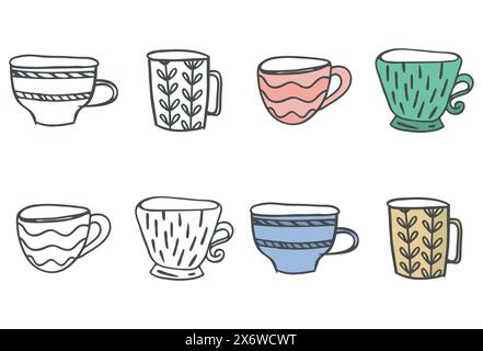 Set di clip con simbolo a tazza. Icona Doodle, linea decorativa disegnata a mano, contorno nero dello schizzo, contorno, design piatto a cartoni animati color pastello. Isolato Illustrazione Vettoriale